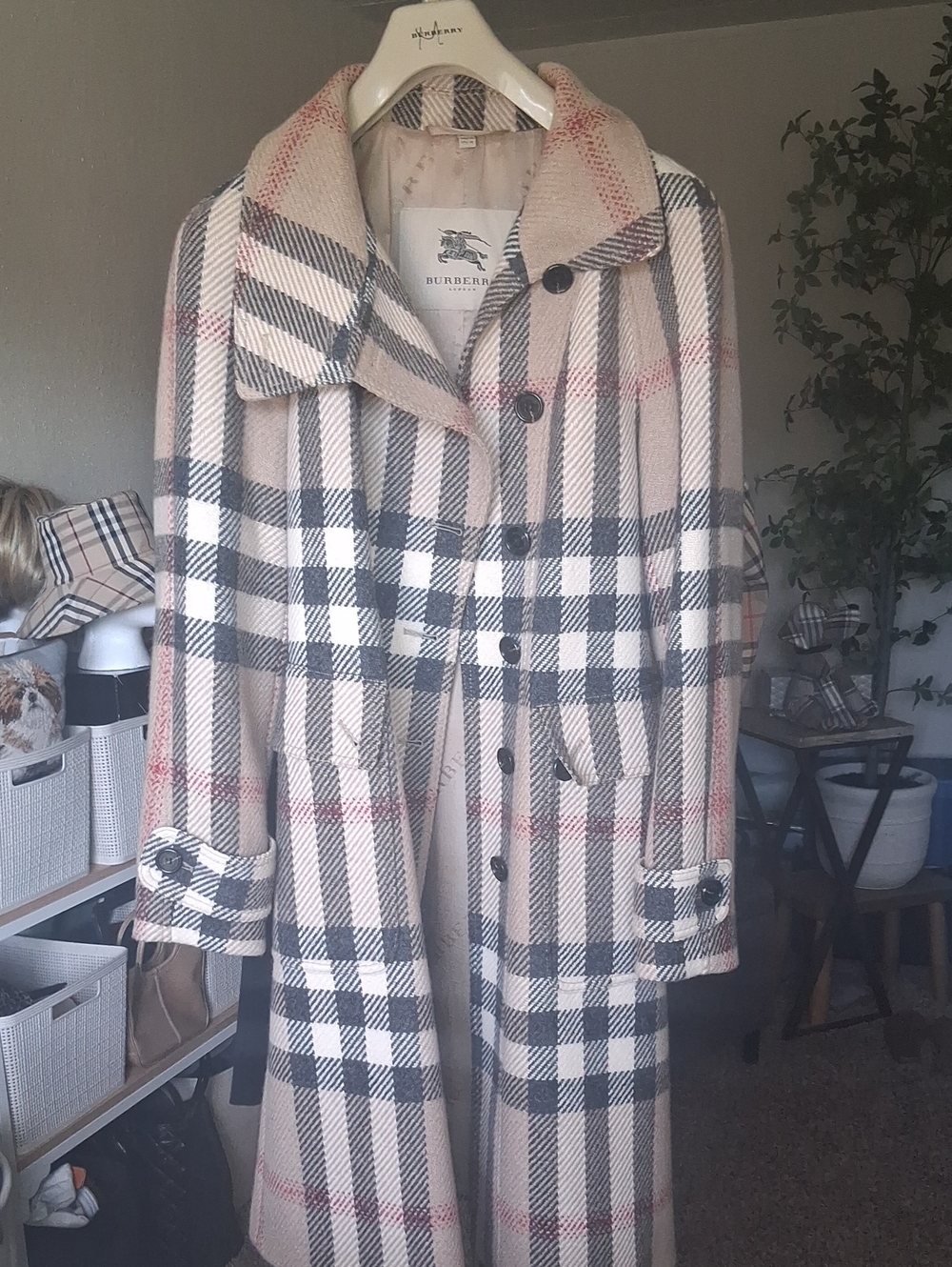 Burberry Plaid Wool Trench Coat in Beige, Black and Red